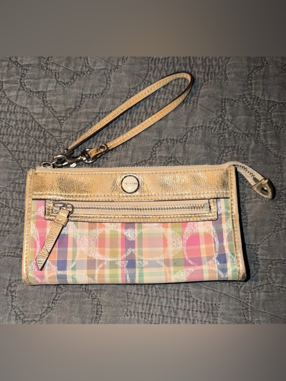 Coach Metallic Gold Wristlet with Pastel Plaid Signature Print